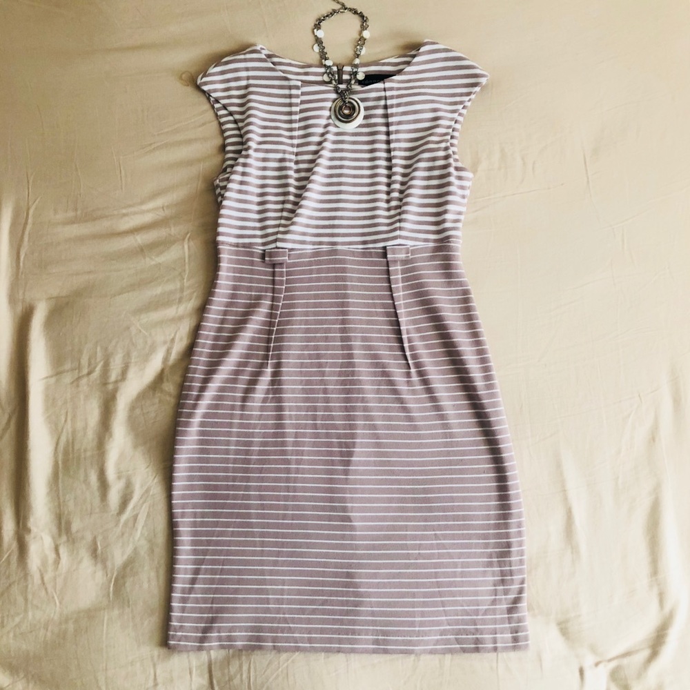 Tan/White Striped A-Line Dress